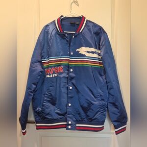 Stranger Things Blue WSOX 94.5 FM Graphic Satin Bomber Jacket